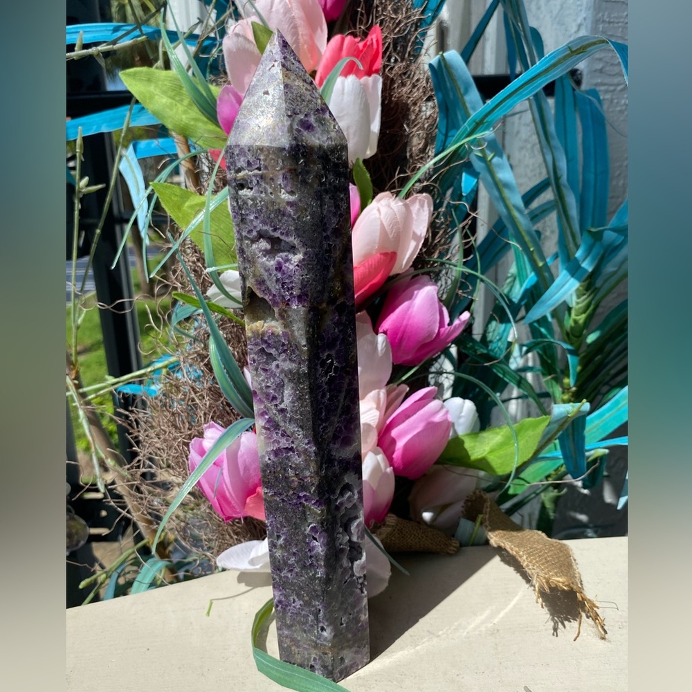12” Sugar Druzy Sphalerite & Purple Fluorite Tower - Picture 4 of 14
